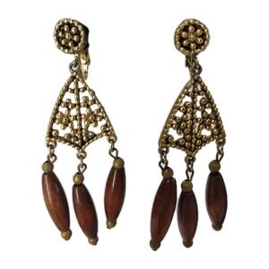 Vtg 60s Signed Celebrity Filigree Clip On Earrings Wood Drop Dangle Boho